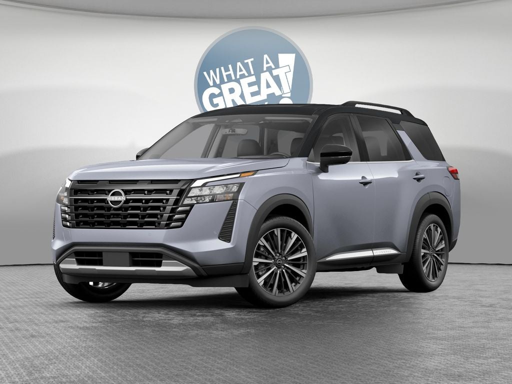 2026 Nissan Pathfinder Platinum in Boulder Gray/Super Black — front three-quarter view
