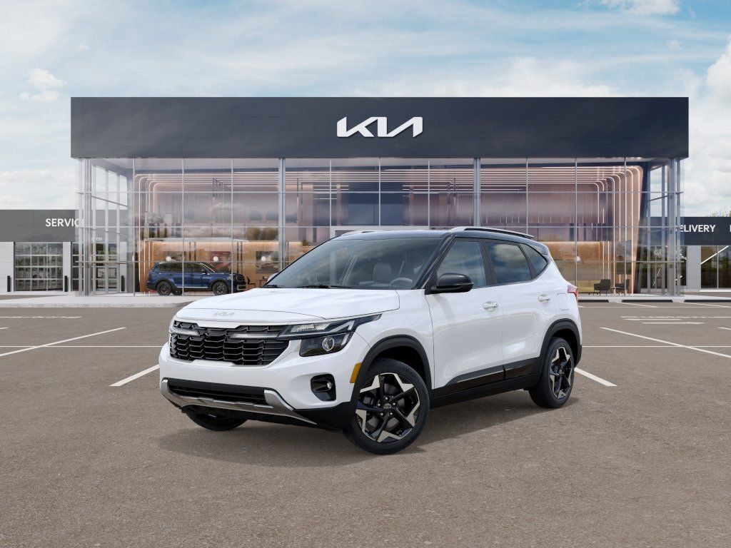 2026 Kia Seltos S in Clear White/Black Roof — front three-quarter view